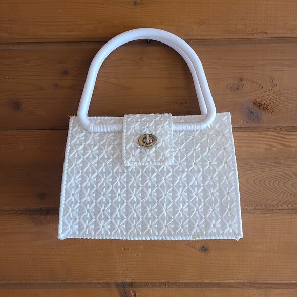 Vintage Handbags - Vintage Handmade Purse Woven White Bag 60's 70's Flower Star Retro Pinup Tote